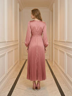 Twist Front Pleated Satin Midi Dress - Rose Pink