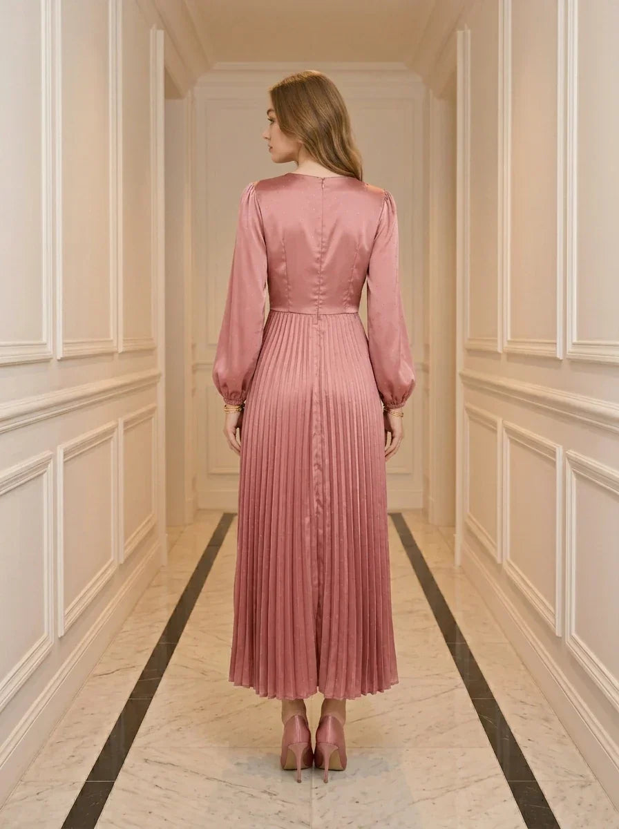 Twist Front Pleated Satin Midi Dress - Rose Pink