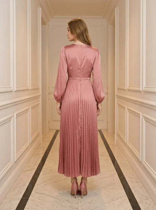 Twist Front Pleated Satin Midi Dress - Rose Pink