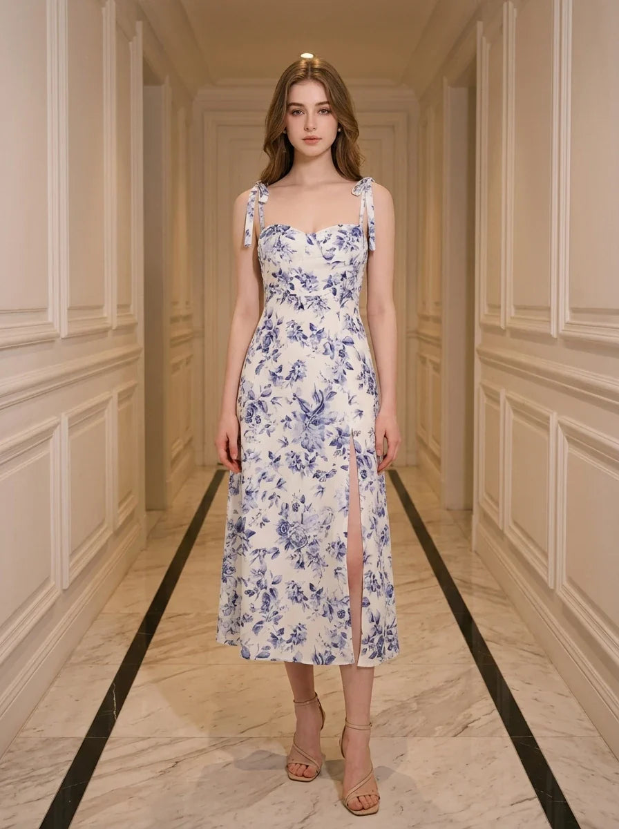 Woman wearing a floral print midi dress with tie shoulder straps and a high slit, standing in a hallway.