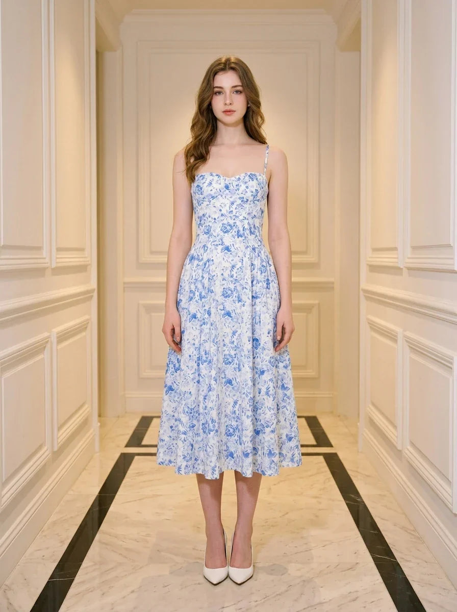 Woman wearing a blue and white floral print midi dress with spaghetti straps, standing in a hallway.