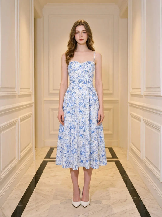 Woman wearing a blue and white floral print midi dress with spaghetti straps, standing in a hallway.