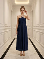 Plisse Halter Empire Maxi Dress - Navy