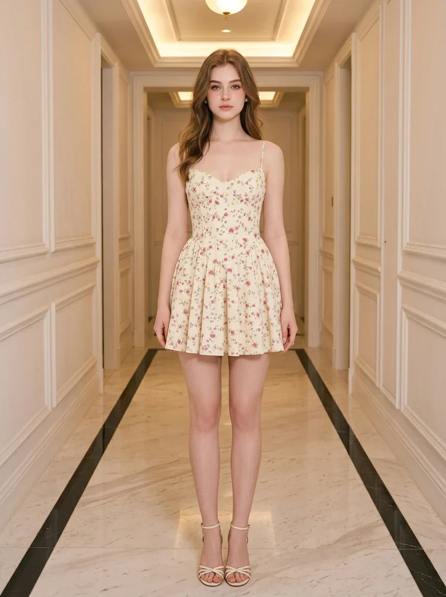 Woman wearing a yellow floral print mini dress with spaghetti straps and a sweetheart neckline standing in a hallway.