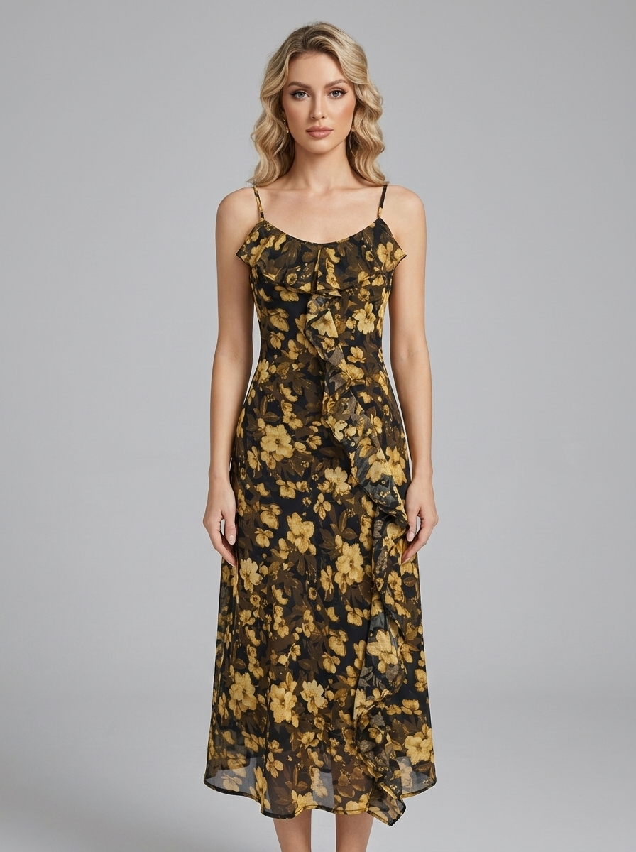Yellow Floral Ruffle Cold-Shoulder Midi Vacation Dress