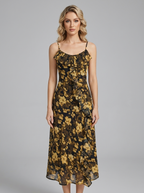 Yellow Floral Ruffle Cold-Shoulder Midi Vacation Dress