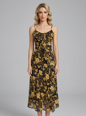 Yellow Floral Ruffle Cold-Shoulder Midi Vacation Dress