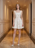 White Floral Embroidered Square Neck Mini Dress