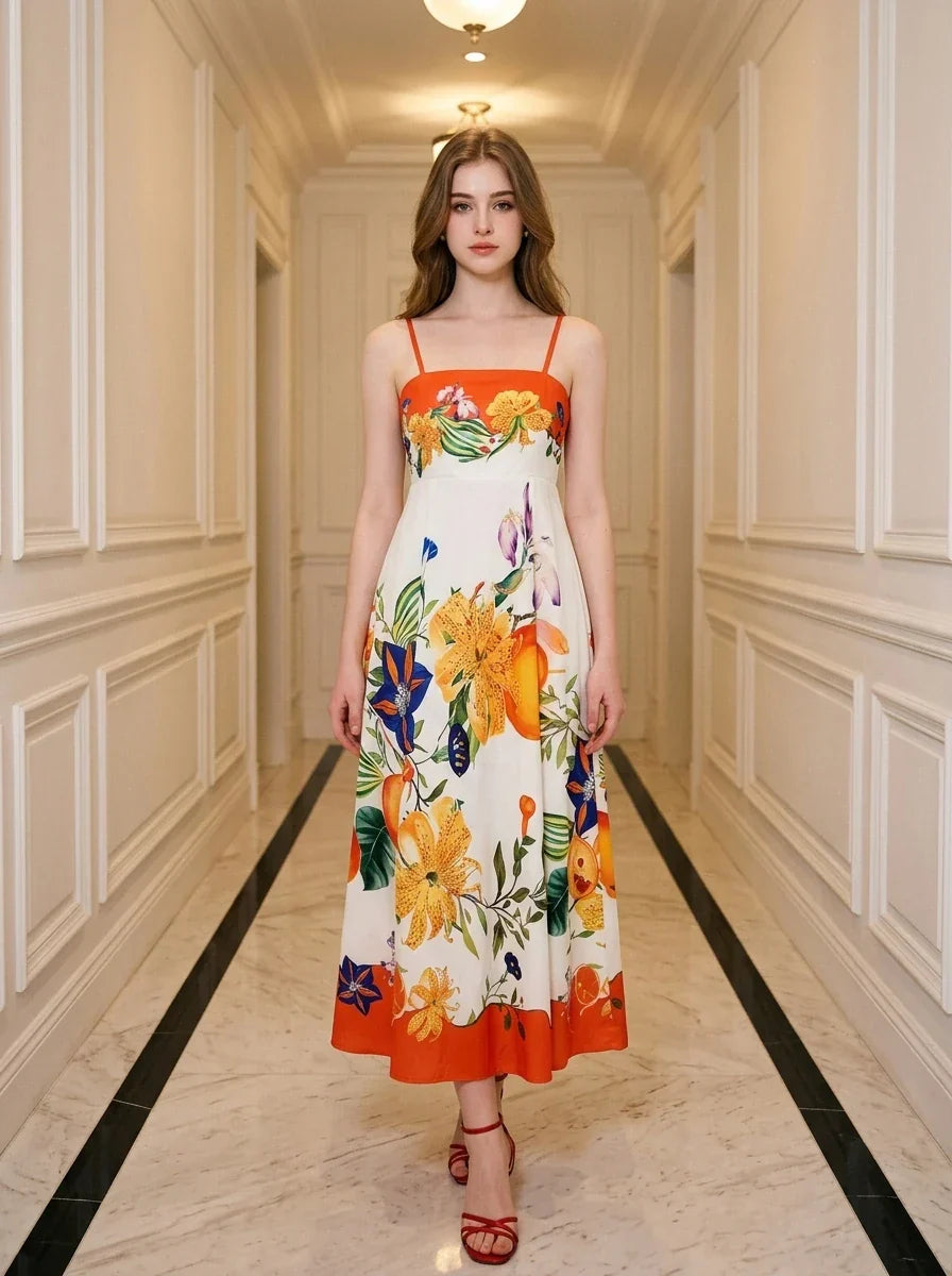 Vibrant Tropical Floral Print Maxi Dress Orange