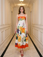 Vibrant Tropical Floral Print Maxi Dress Orange