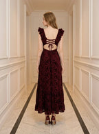 Velvet Floral Corset Back Maxi Dress - Burgundy