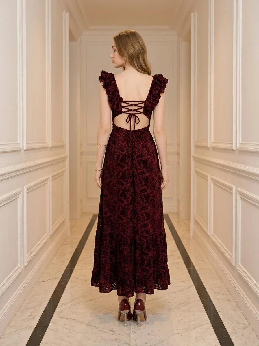 Velvet Floral Corset Back Maxi Dress - Burgundy