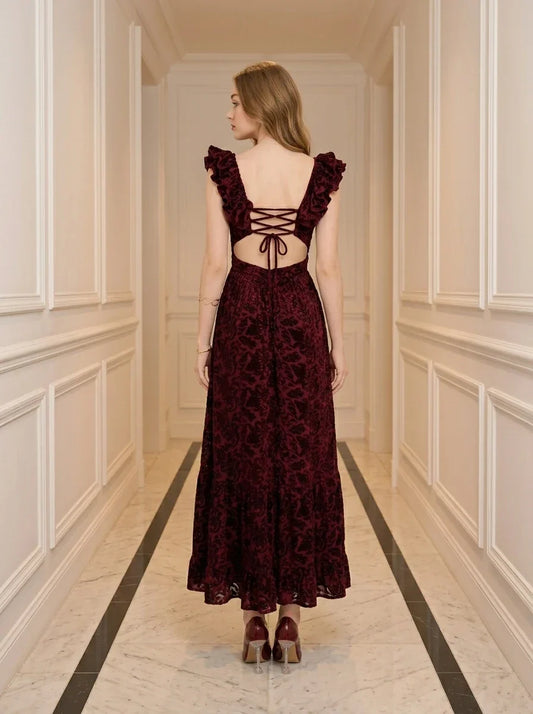 Velvet Floral Corset Back Maxi Dress - Burgundy