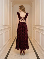 Velvet Floral Corset Back Maxi Dress - Burgundy