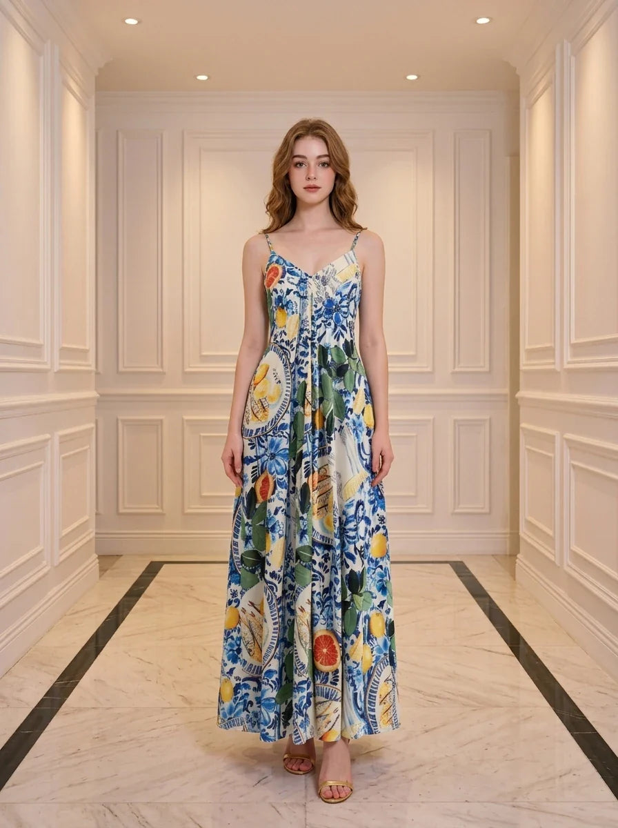 Woman wearing a long, sleeveless maxi dress with a colorful fruit and floral print, standing in a hallway.