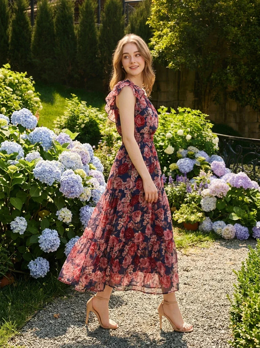 Woman wearing a navy floral print one-shoulder dress with a tiered skirt and ruffle detail, walking in a garden with hydrangeas.