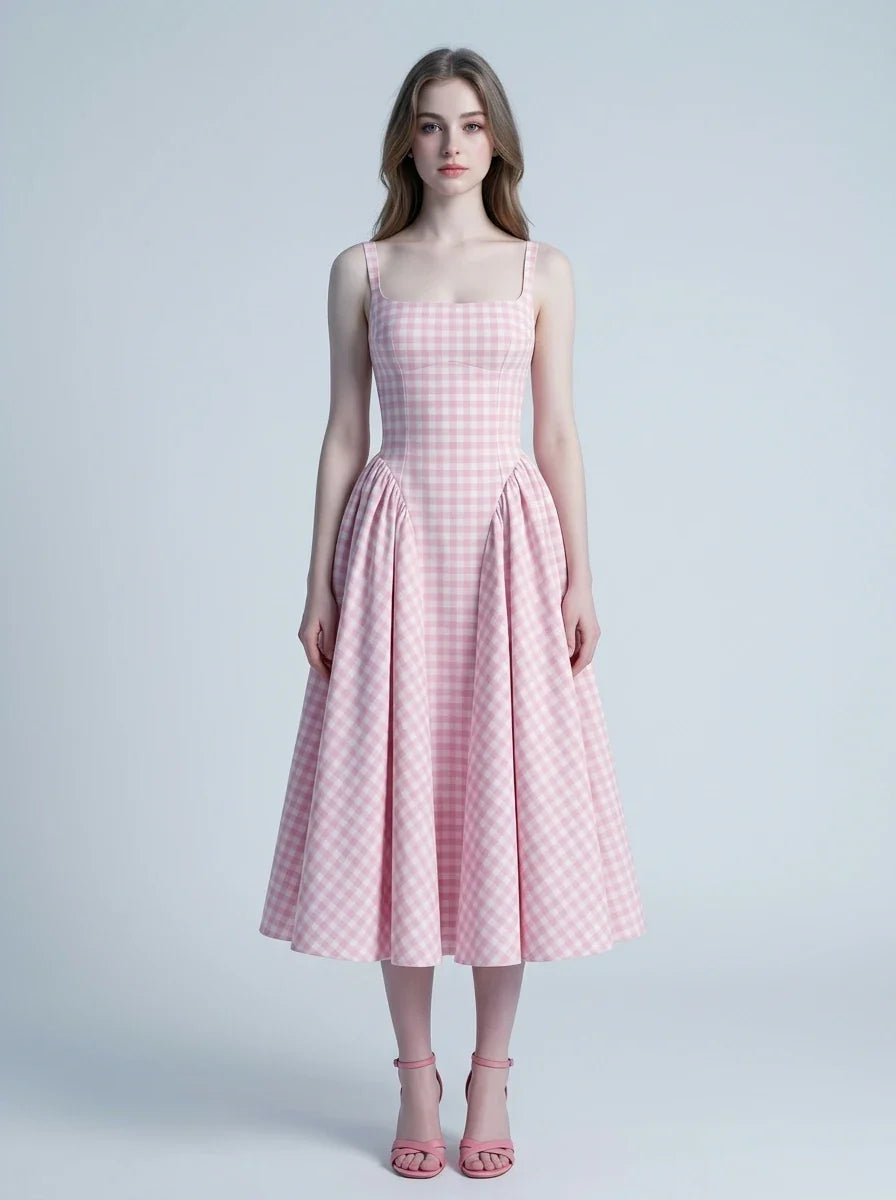 A woman models a pink and white gingham midi dress with a square neckline and a full, pleated skirt, standing against a plain background.