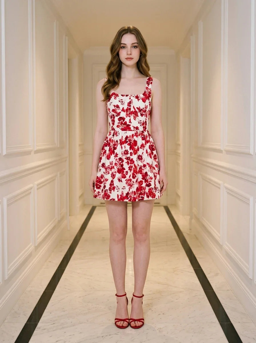 Woman standing in a hallway wearing a red and white floral print dress and red strappy heels