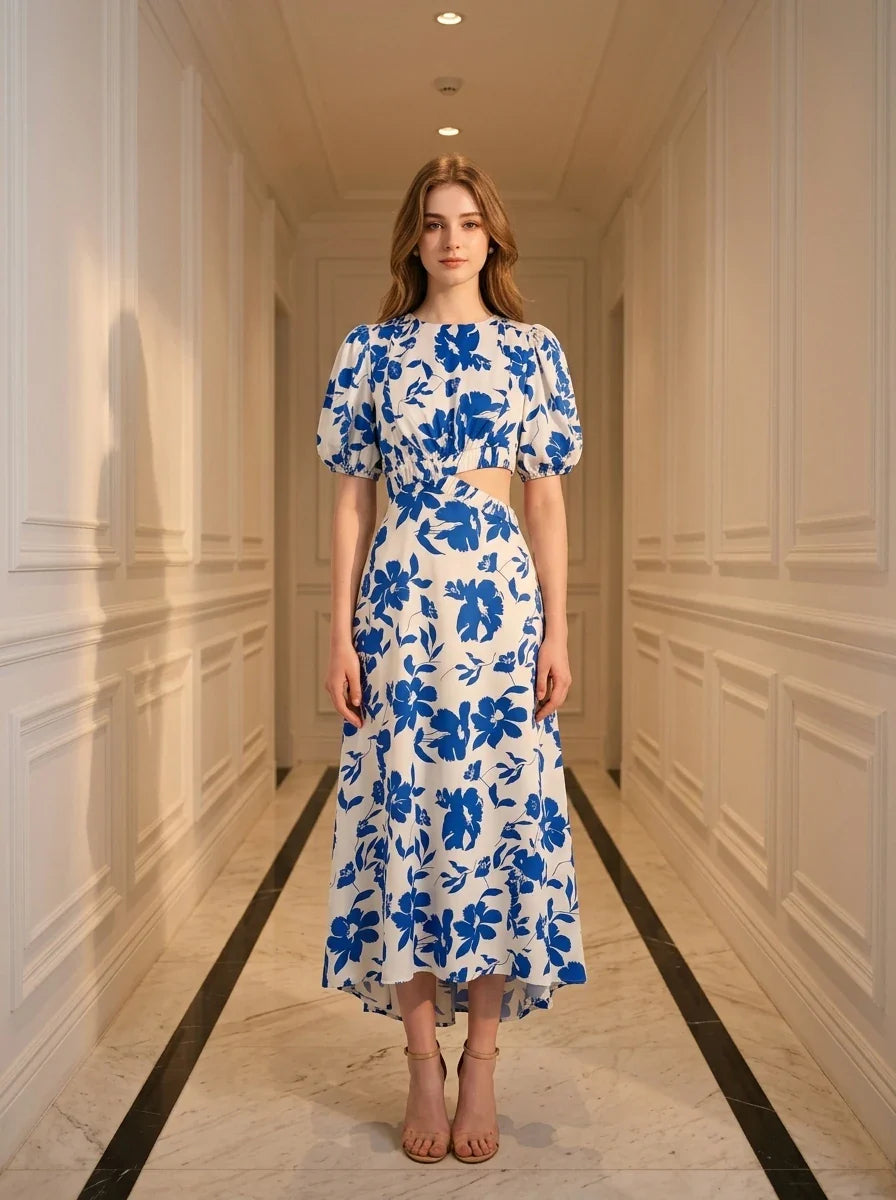 Woman wearing a white and blue floral print midi dress with cut-out waist and puff sleeves, standing in a hallway.