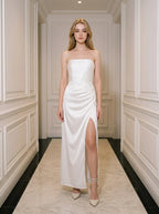 White Strapless Satin Maxi Dress with Split