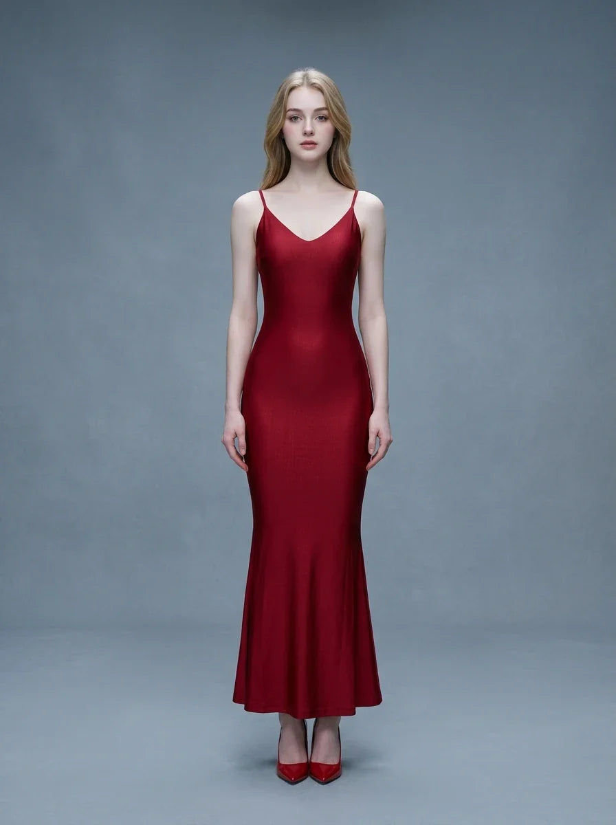 Wine Red Backless Ruched Mermaid Maxi Dress