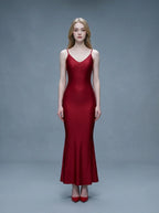Wine Red Backless Ruched Mermaid Maxi Dress
