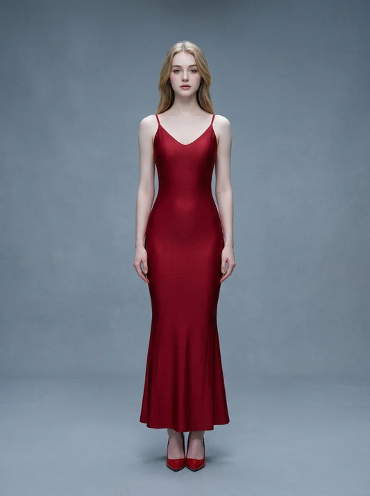 Wine Red Backless Ruched Mermaid Maxi Dress