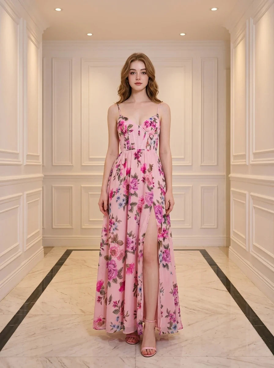 Woman wearing a pink floral print maxi dress with spaghetti straps and a high slit, standing in a hallway.
