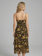 Yellow Floral Ruffle Cold-Shoulder Midi Vacation Dress