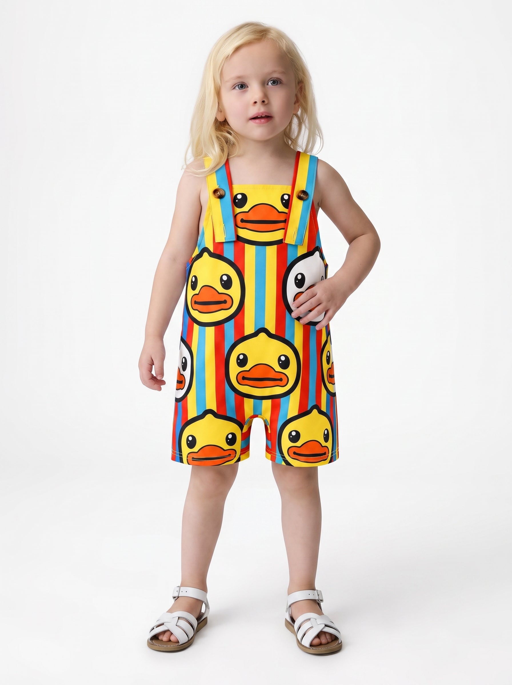 Child wearing a yellow, red, and blue striped shortall with a duck print.