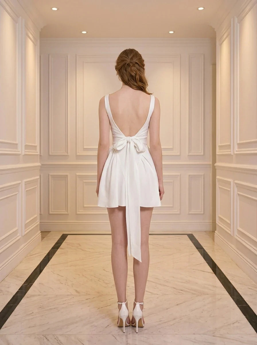 White Square Neck Backless Bow Mini Dress