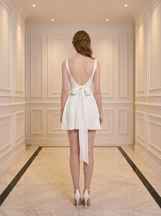 White Square Neck Backless Bow Mini Dress