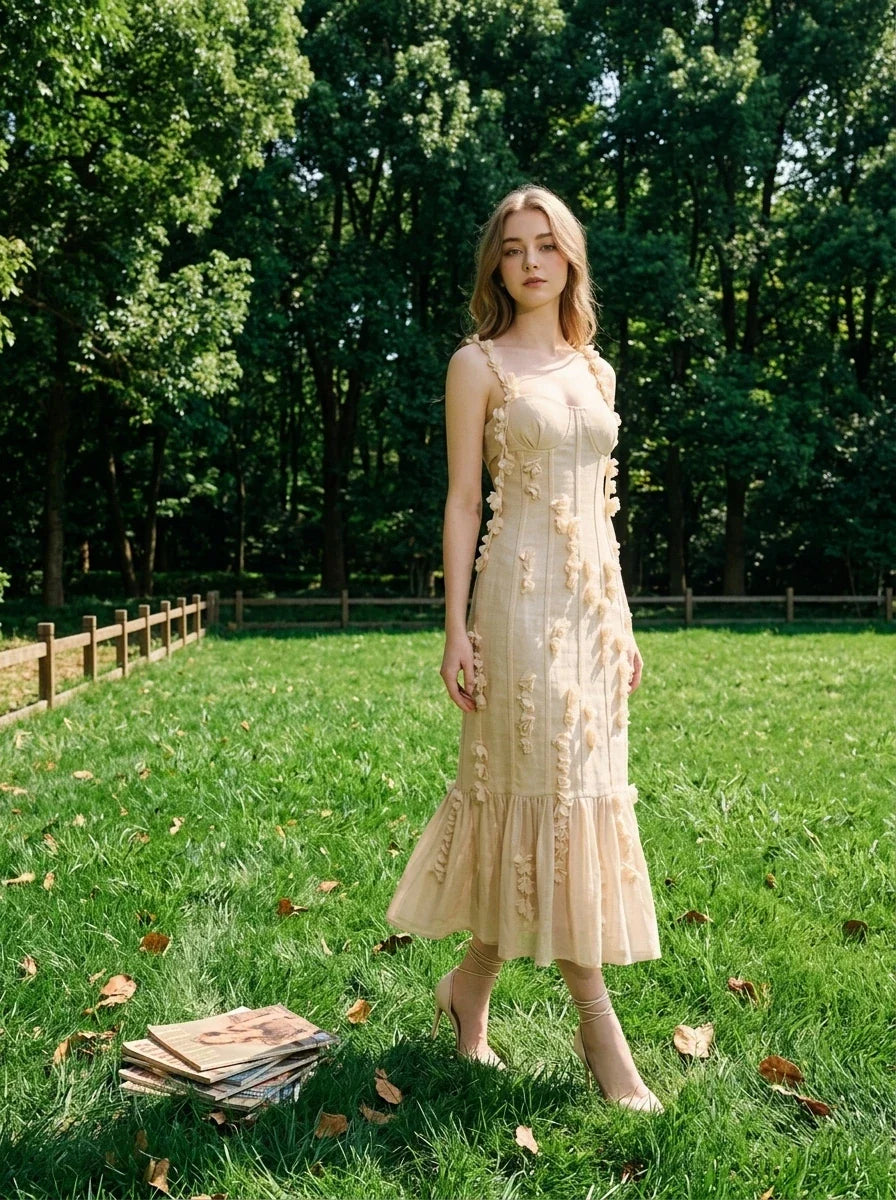 Woman wearing a cream-colored sleeveless midi dress with floral embellishments and a ruffled hem, standing in a grassy park.
