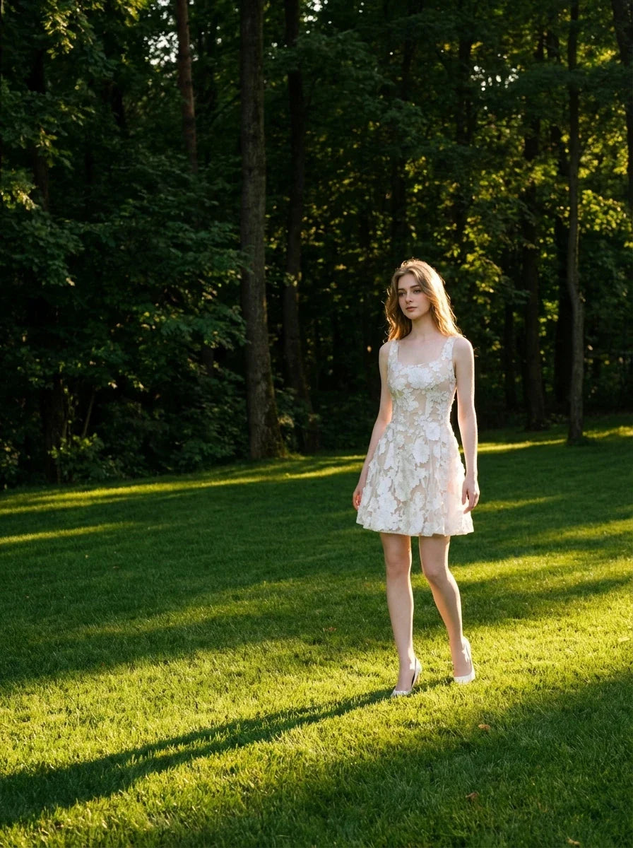 White Floral Embroidered Square Neck Mini Dress