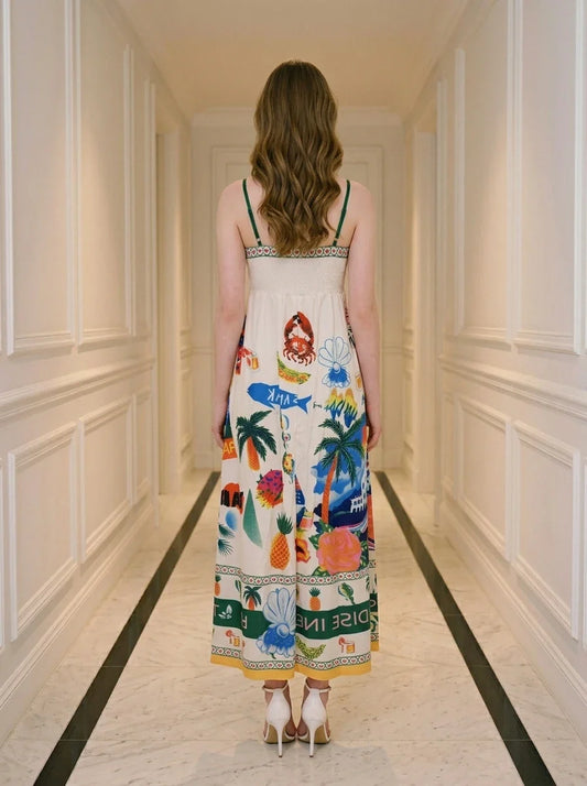 Tropical Paradise Print Smocked Maxi Dress