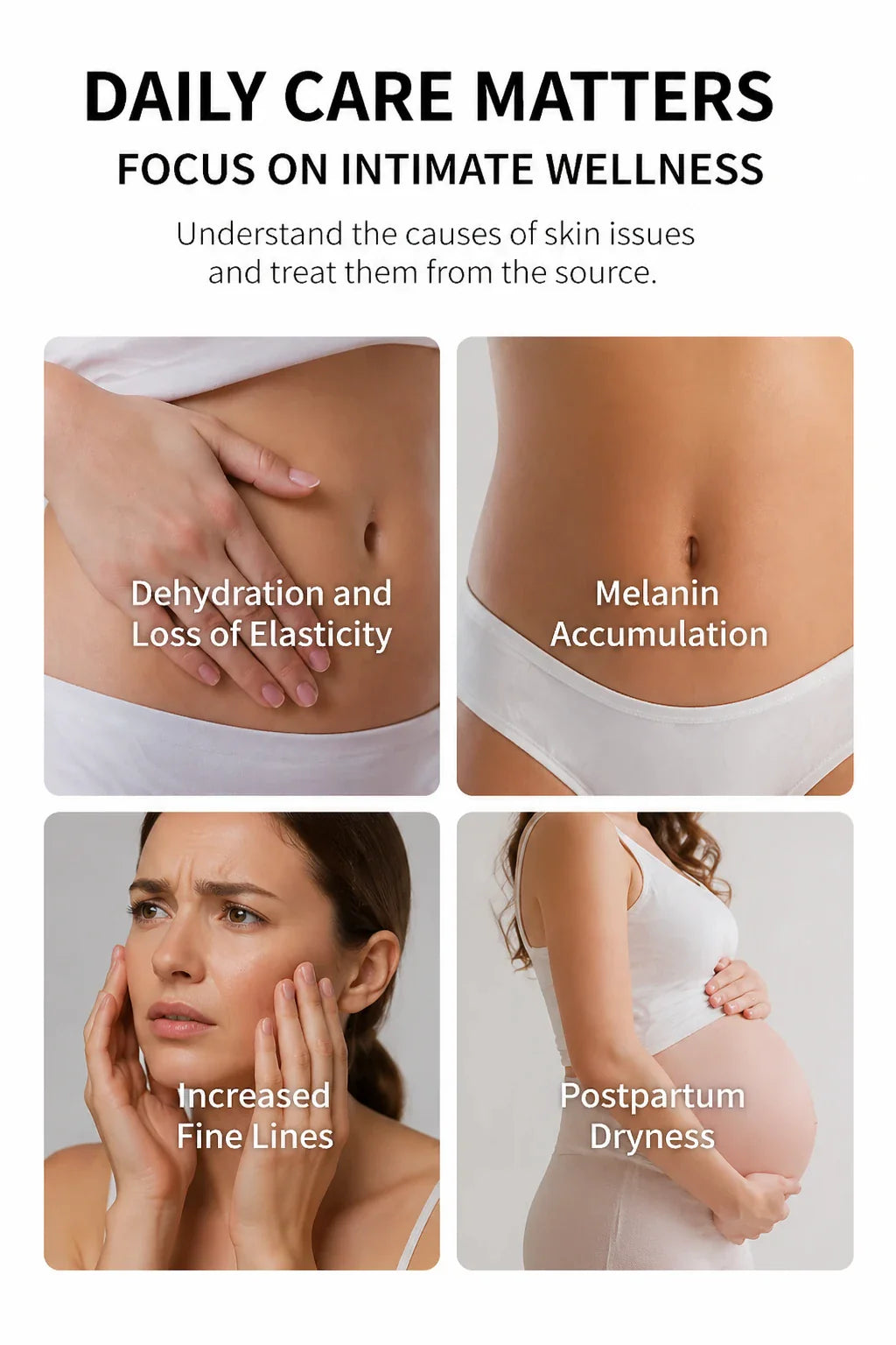 Collage of images showing skin concerns like dehydration, melanin accumulation, fine lines, and postpartum dryness.