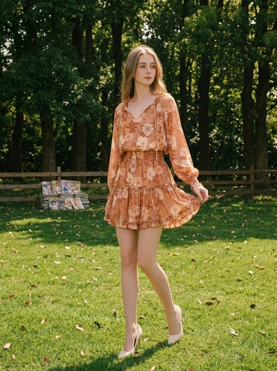Woman standing in a grassy field, twirling a floral print mini dress with long sleeves and a V-neck.