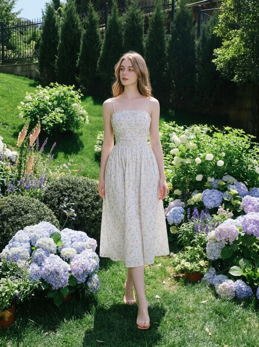 Woman wearing a white floral print midi dress with spaghetti straps and a square neckline, walking in a garden with hydrangeas.
