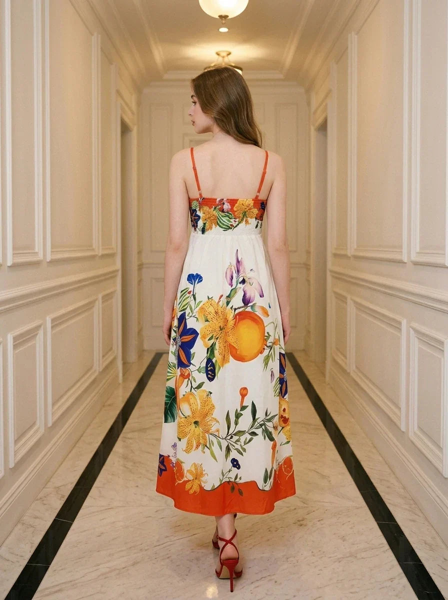 Vibrant Tropical Floral Print Maxi Dress Orange
