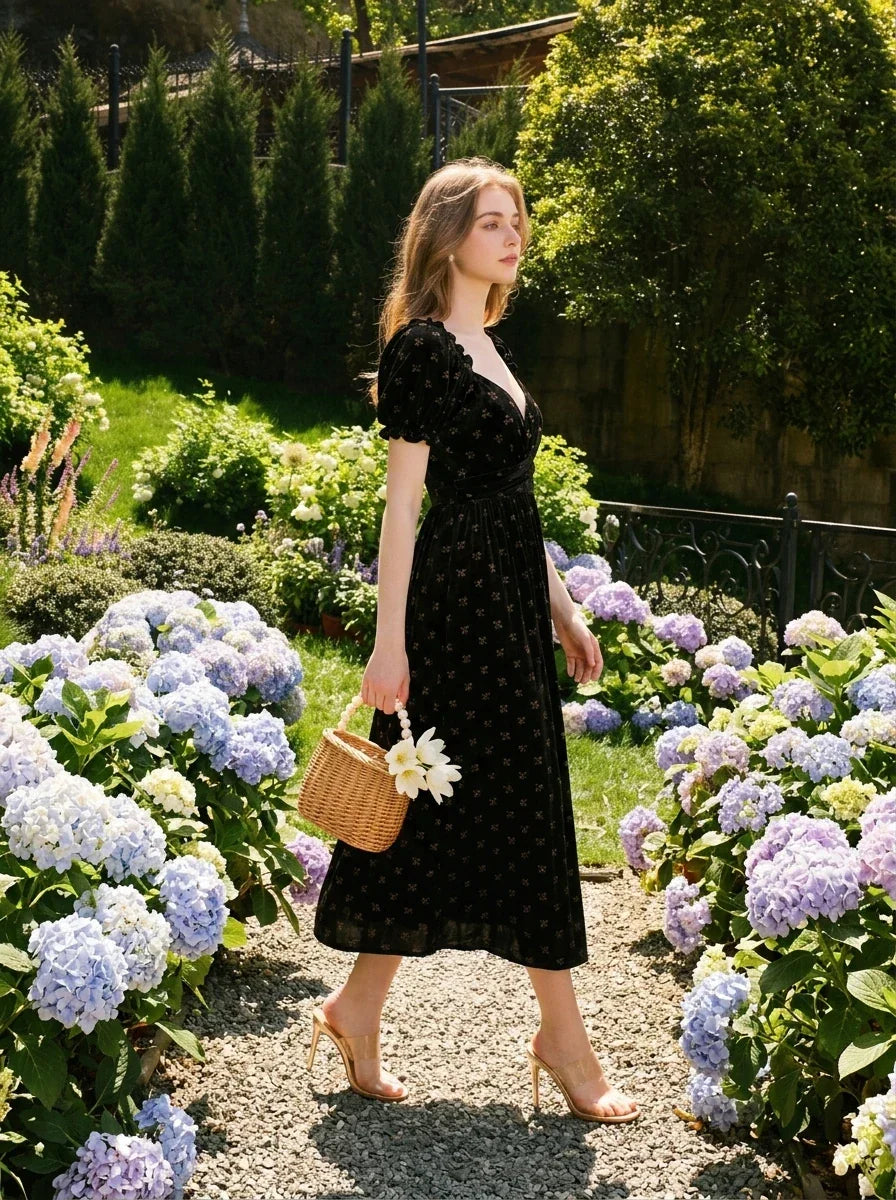 A woman walks through a garden wearing a black velvet midi dress with a floral print and carrying a straw basket.