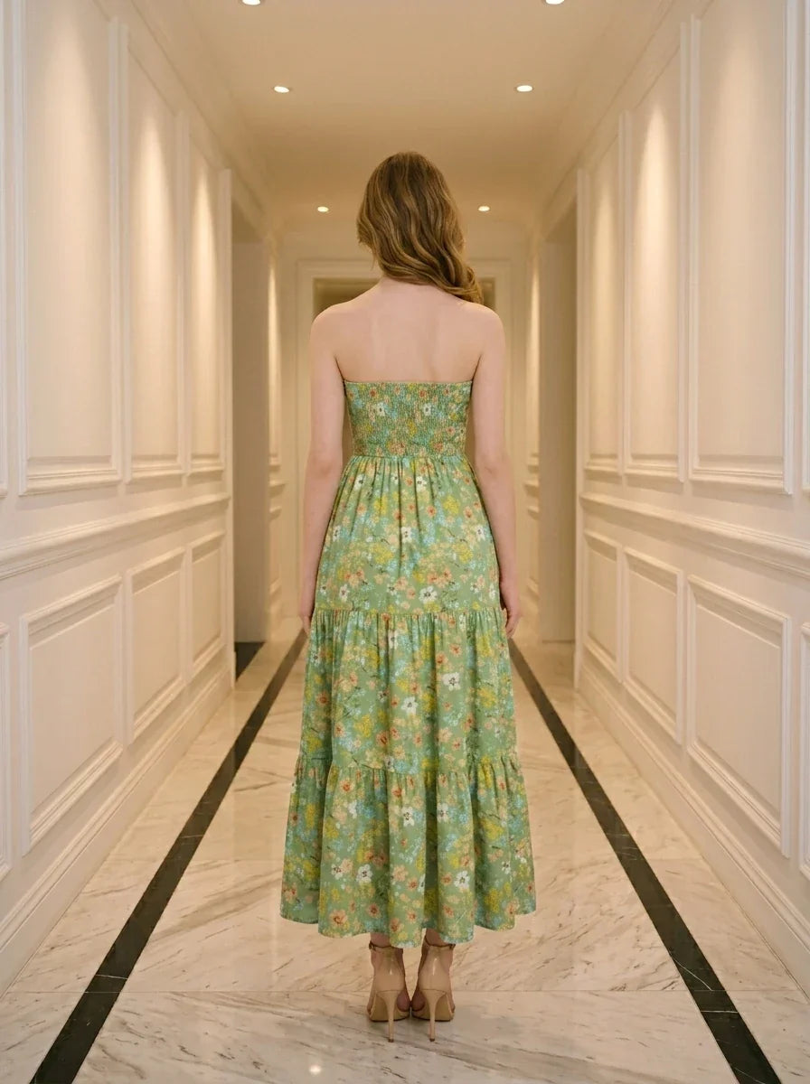 Tiered Floral Strapless Maxi Dress Sage Green