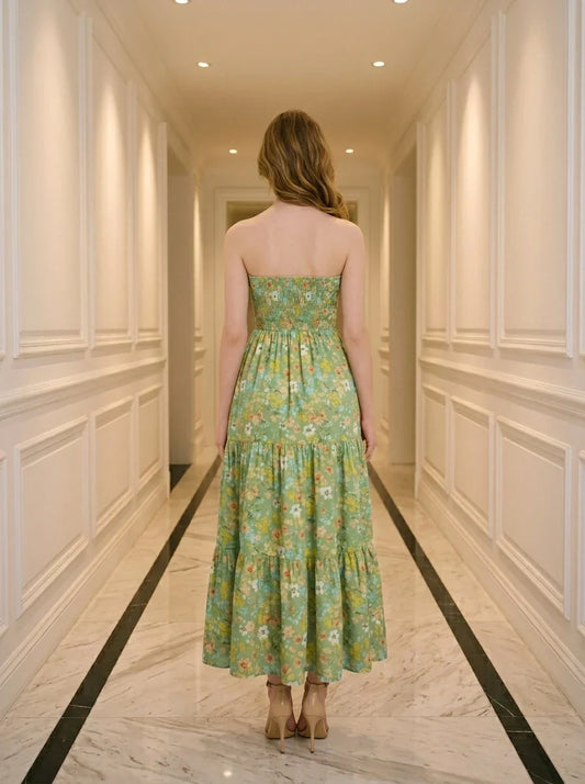 Tiered Floral Strapless Maxi Dress Sage Green