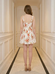 Back view of a woman in a floral print fit and flare dress
