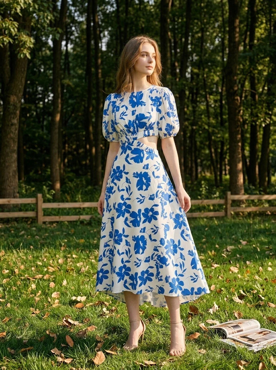 Woman wearing a white and blue floral print midi dress with cut-out waist and puff sleeves, standing in a grassy area with trees in the background.