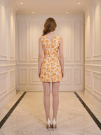 Vibrant Orange Floral V-Neck Sleeveless Mini Dress