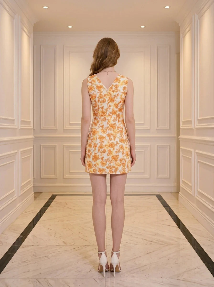 Vibrant Orange Floral V-Neck Sleeveless Mini Dress