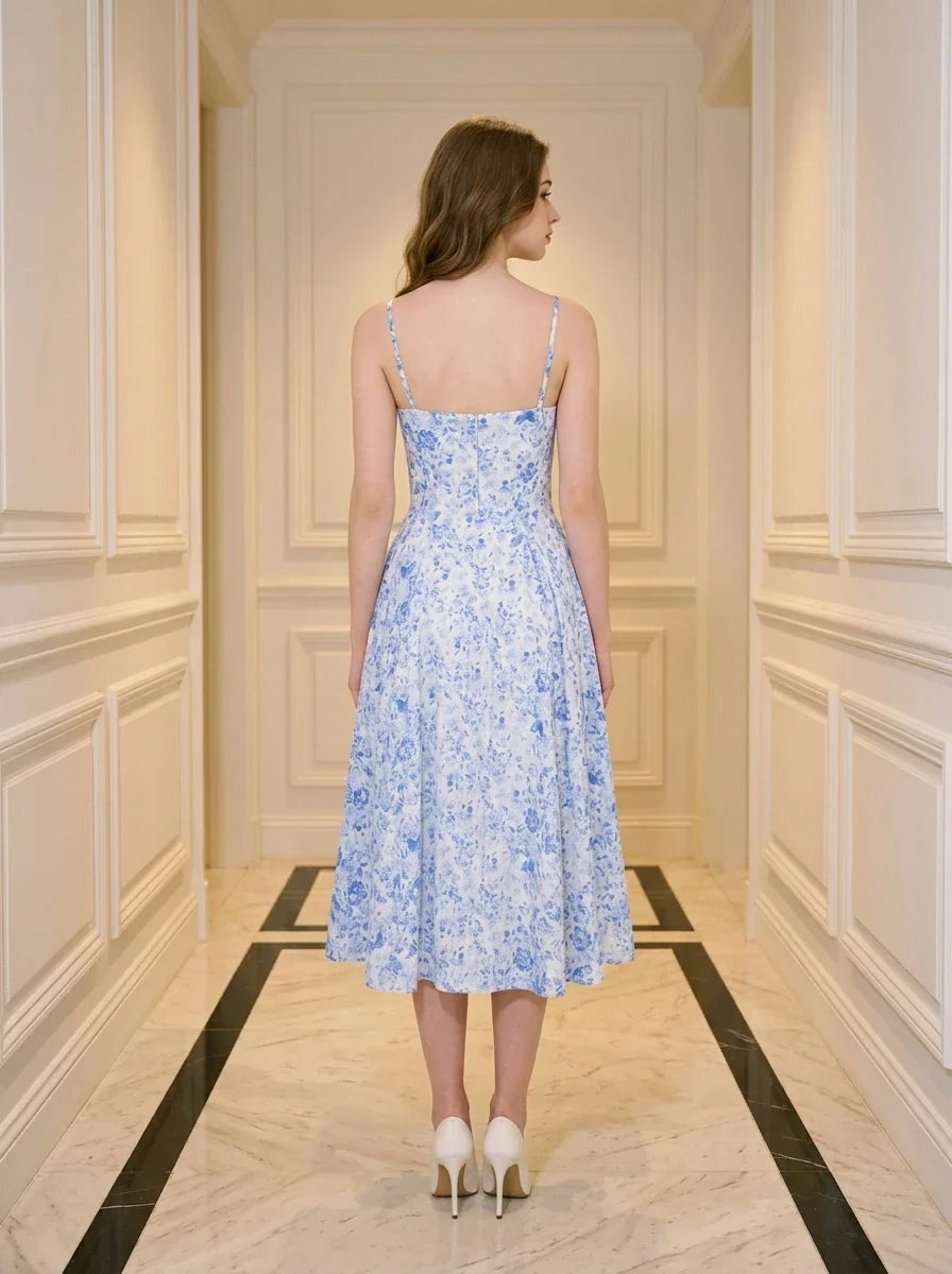Back view of a woman in a blue and white floral print midi dress with spaghetti straps, standing in a hallway.