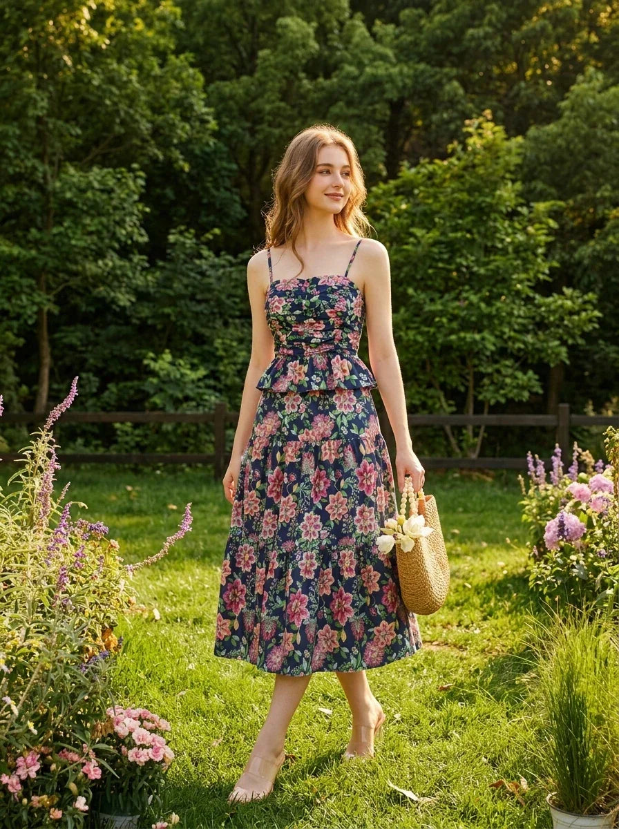 Woman walking through a garden wearing a navy floral print midi dress with spaghetti straps and a peplum waist.