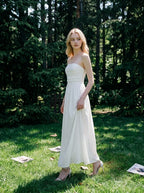 White Strapless Pleated Linen Maxi Dress