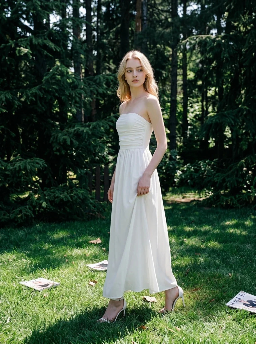 White Strapless Pleated Linen Maxi Dress
